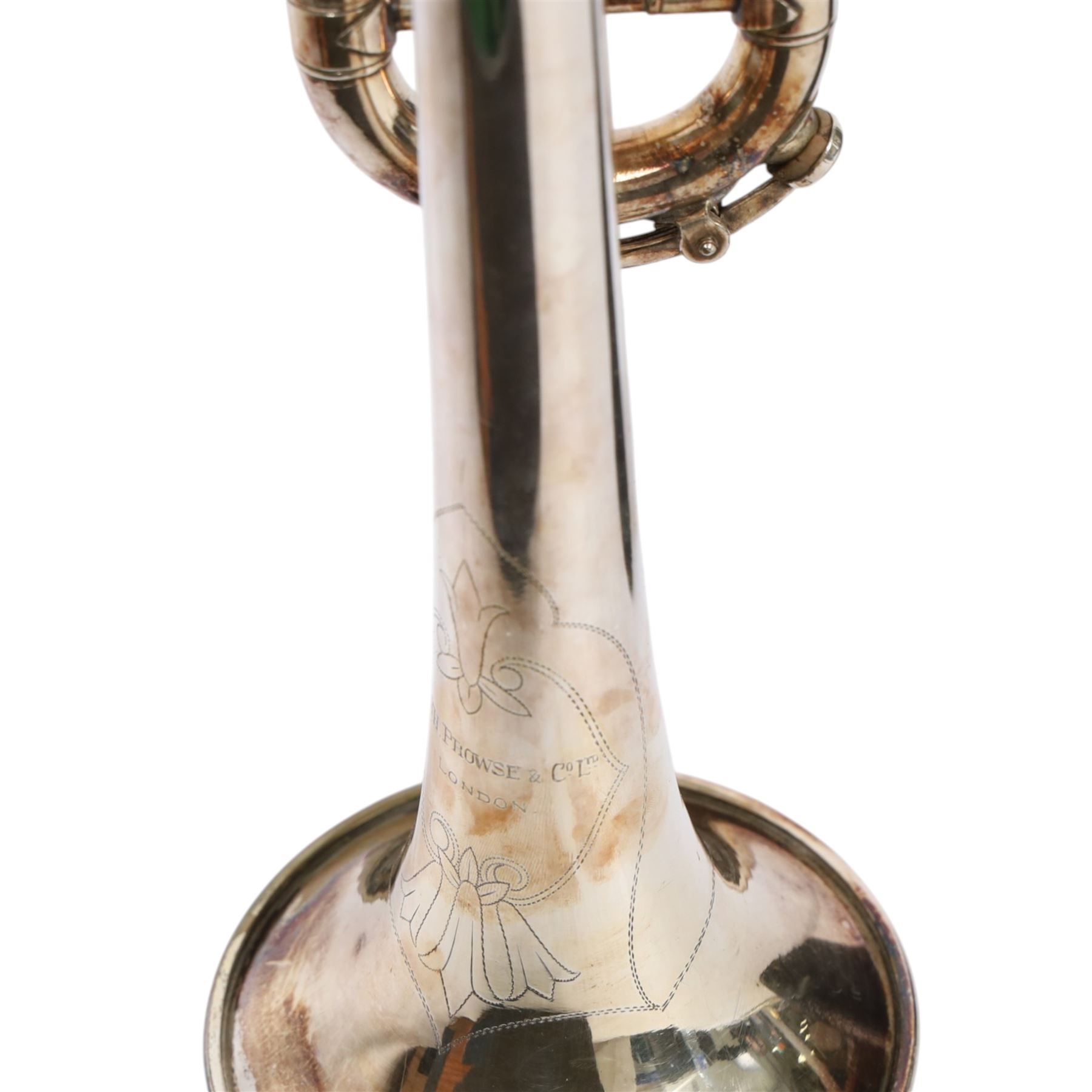 Early/mid 20th century silver plated trumpet by Keith Prowse & Co Ltd London, with Rudy Muck Cushion rim mouth piece, contained within a fitted case