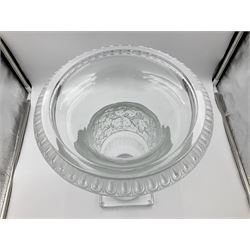 Large and impressive Lalique Versailles pattern glass vase, of classical baluster form with gadrooned flared rim, the body moulded in relief with fruiting vines above part fluting, upon a spreading circular foot with moulded decoration, and plain square plinth base, signed Lalique France to side of plinth, overall H35cm, with original box 