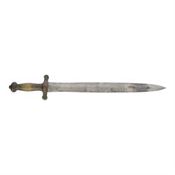 French 1832 Pattern Gladius short sword, the 49cm double edged blade inscribed to the ricasso, cast brass hilt with groove grip and short quillons, brass mounted leather scabbard, scabbard and sword both marked 994, overall L66cm