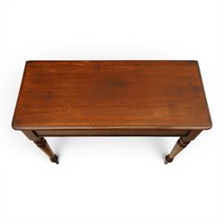Mahogany living room furniture; mahogany console table and square upholstered mahogany stool, with hidden frieze drawer, raised on turned supports (Stool H 57cm, W 40cm)