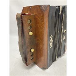 Three European concertinas, comprising Viceroy German concertina with 21 keys, hexagon wooden frame and 8 fold bellows
Oak framed concertina with 12 keys and 8 fold bellows
Commander concertina with 12 keys and 12 fold bellows
With tutor