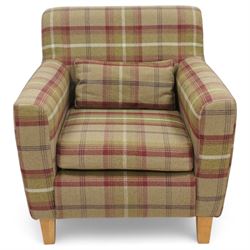 Contemporary pair of upholstered armchairs, in red and green chequered fabric with loose seat and back cushions, box arms and light stained square legs