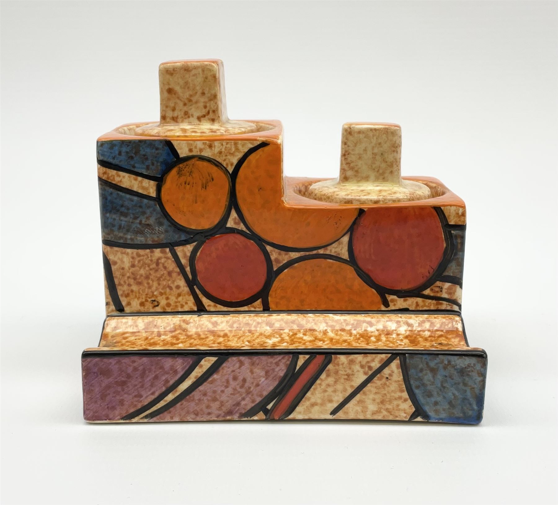 A Clarice Cliff Bizarre Cafe au lait double cube inkwell with pen tray, decorated in the Berries pattern, with printed mark to base, and shape number 462, H7cm W10cm. 