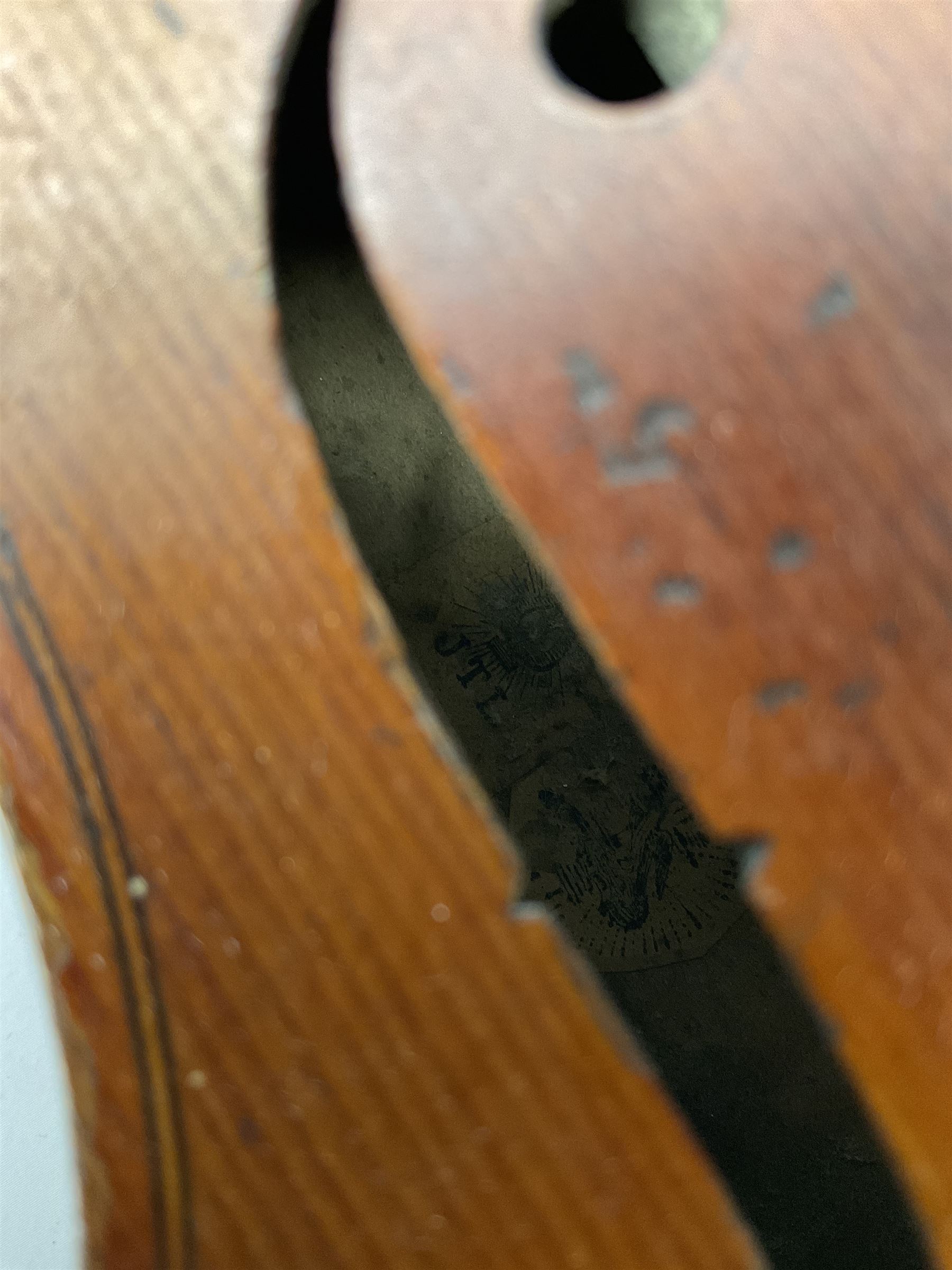 French Mirecourt violin c1920s with 36cm one-piece maple back and ribs and spruce top, labelled Jermone Thibouville-Lamy, L59cm, in fitted carrying case with German bow and 1984 valuation certificate by Frome Valley Music