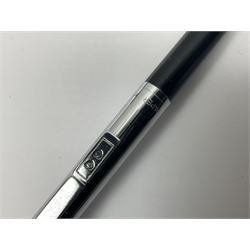 Three fountain pens, to include Conway Stewart 'Dinkie 550' and 'Conway 57' and a Parker 'Slimfold', all with 14ct gold nibs, together two roller ball pens, including a Parker example and a Swarovski Crystal paperweight