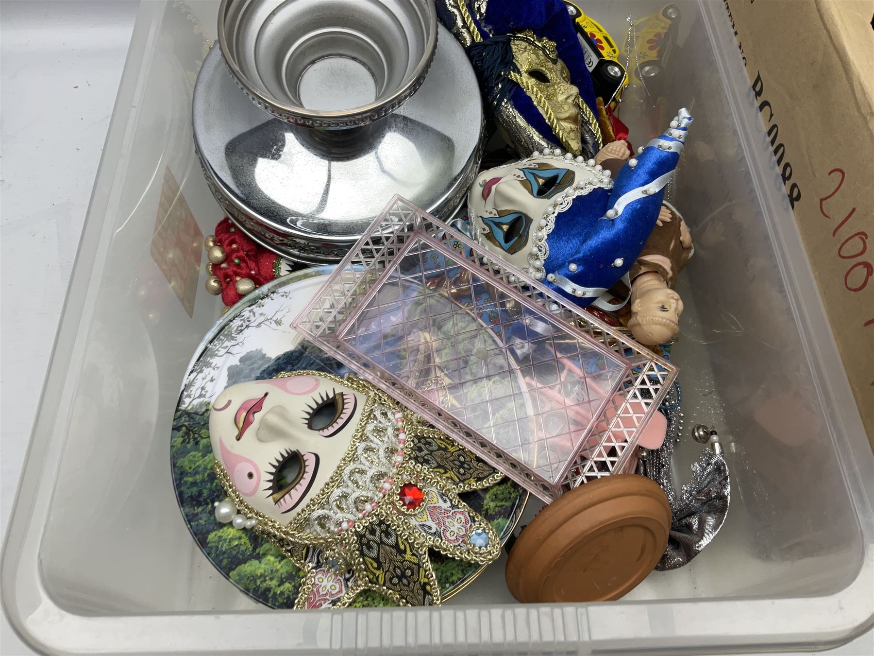 Collection of decorative Venetian masks together with other collectables, in two boxes 
