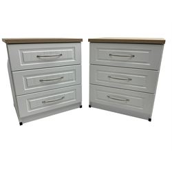 Pair of large oak and white finish three drawer bedside chests