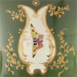19th Century twin handled campana vase, probably Coalport, hand painted with a river scene upon a green ground with gilt detail, H27cm
