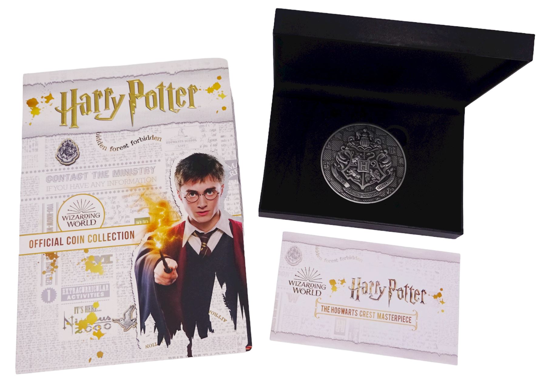 Harry Potter Wizarding World Official Coin Collection comprising twelve Samoa half dollar coins and a Harry Potter 'The Hogwarts Crest Masterpiece' medallion, cased with certificate