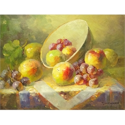  J Howard (Late 20th century): Still Life of Fruit on Table, oil on panel signed 19cm x 24cm  