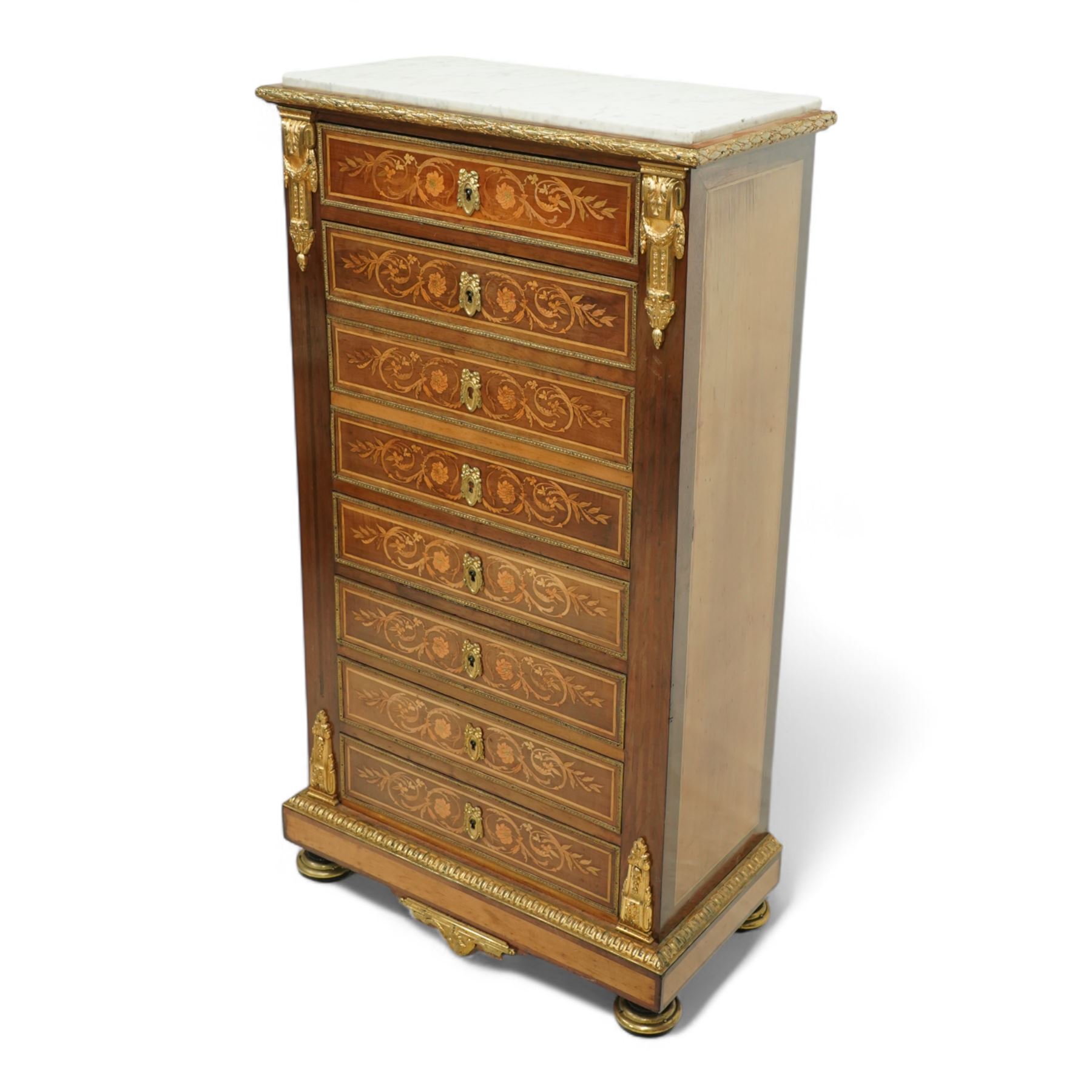 19th century French marquetry secrétaire à abattant in Louis XVI style, with rectangular marble top above a floral inlaid fall front enclosing fitted interior with arcaded pigeonholes, inlaid drawers and writing surface, gilt metal mounts and borders throughout, raised on cast ormolu feet