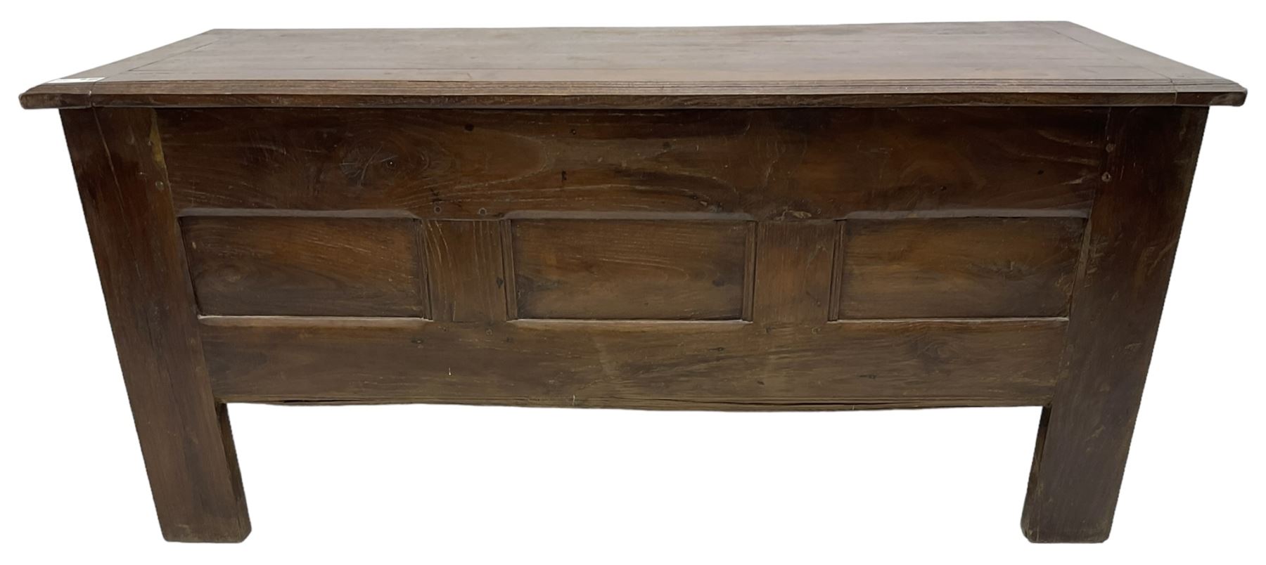Large 18th century oak coffer or chest, rectangular hinged top with moulded edge, over panelled sides with moulded rails, raised on stile supports