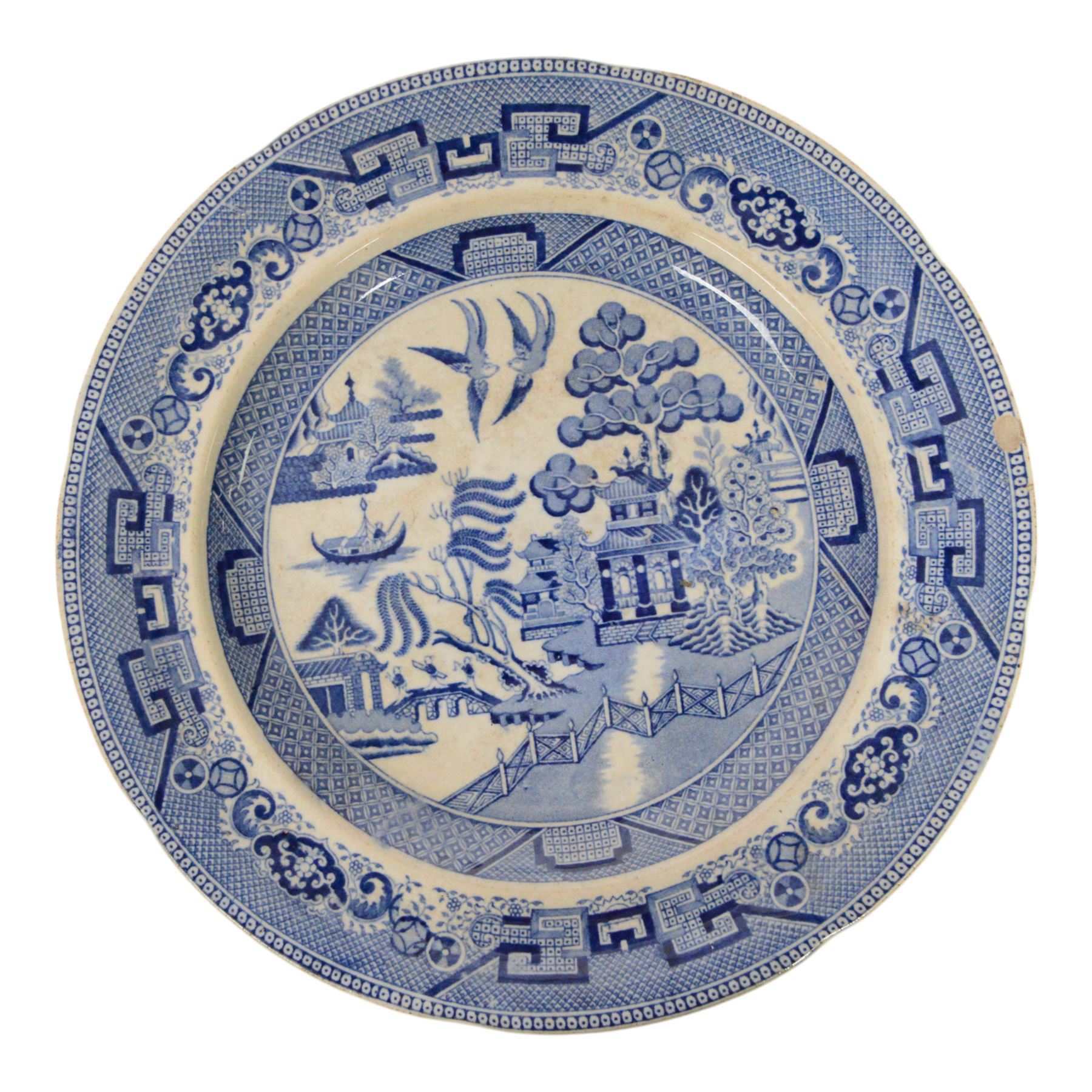 Collection of ten blue and white transfer plates, including two in Italian pattern with floral boarder, together with Willow pattern 