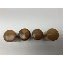 Collection of Mauchline ware relating to sewing, to include four ovoid shaped thimble cases, hinged lid thimble case and needle cases (12) 