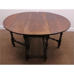  19th century oak drop leaf table, gate action base, bobbin turned supports and stretchers, turned feet, W107cm, H72m, L133cm, (maximum measurements)  