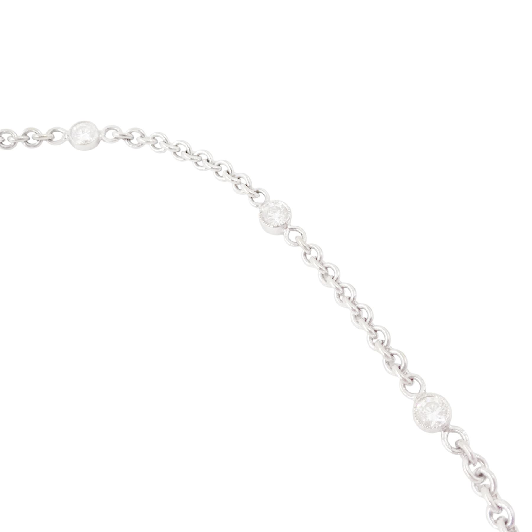 18ct white gold sapphire and diamond milgrain set necklace, oval cabochon cut sapphire surrounded by eight round brilliant cut diamonds and eight French cut sapphires, suspending from a diamond set leaf pendant, single round brilliant cut diamond and a larger old cut diamond, the chain set with six graduating cabochon cut sapphires, each surrounded by diamonds and spaced by a single diamond and a diamond set leaf, to a belcher link chain necklace, hallmarked, total sapphire weight approx 27.00 carat, total diamond weight approx 7.50 carat