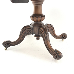 Victorian walnut loo table, highly figured oval tilt top with moulded edge, turned and gadroon carved pedestal with four out splayed acanthus carved supports with scroll terminals, 144cm x 103cm, H72cm