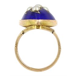 19th / early 20th century 9ct gold marquise shaped ring, the central flower design split pearl  decoration, with blue enamel surround