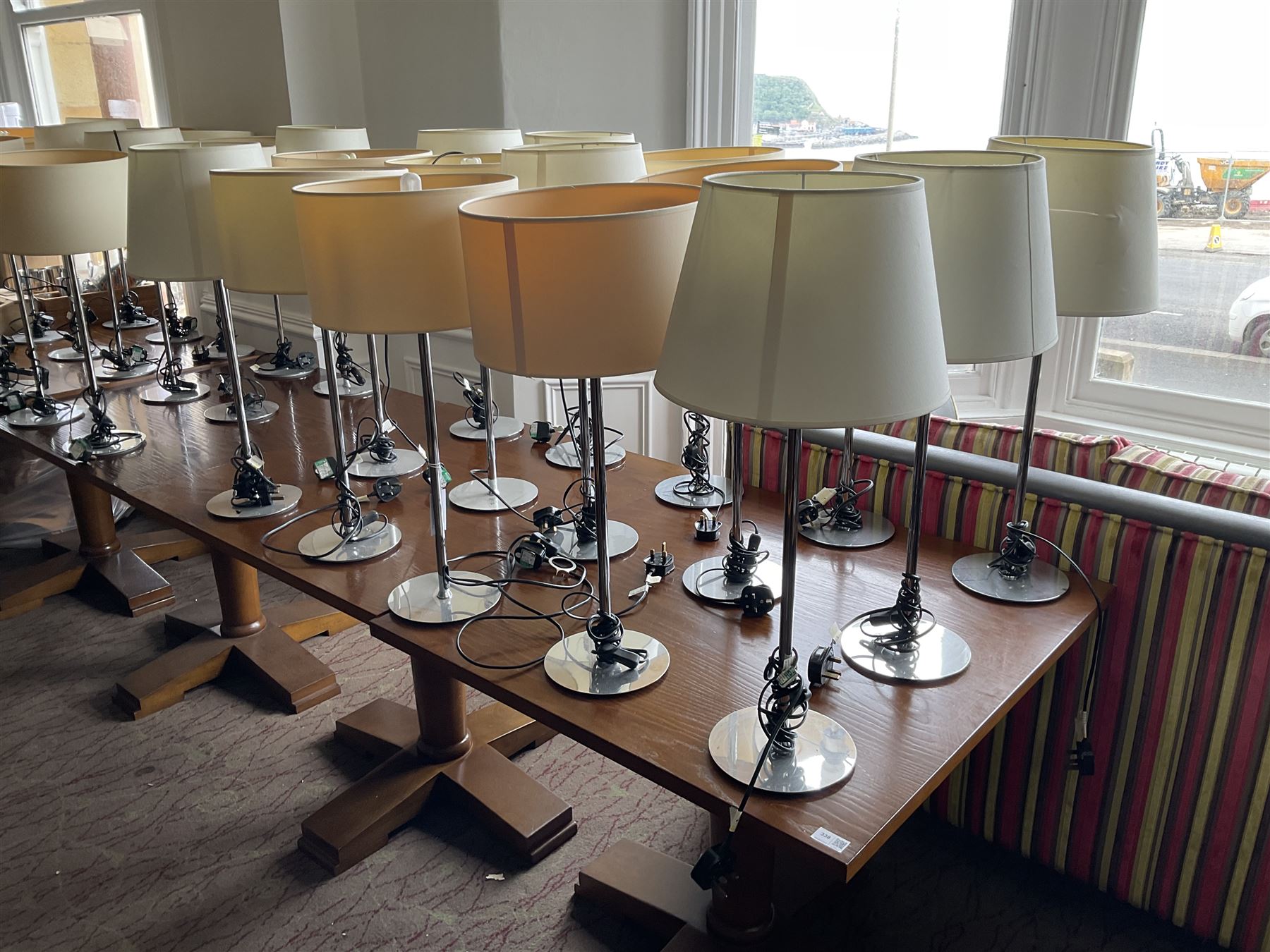 Set of fifteen chrome table lamps with various shades (15)- LOT SUBJECT TO VAT ON THE HAMMER PRICE - To be collected by appointment from The Ambassador Hotel, 36-38 Esplanade, Scarborough YO11 2AY. ALL GOODS MUST BE REMOVED BY WEDNESDAY 15TH JUNE.