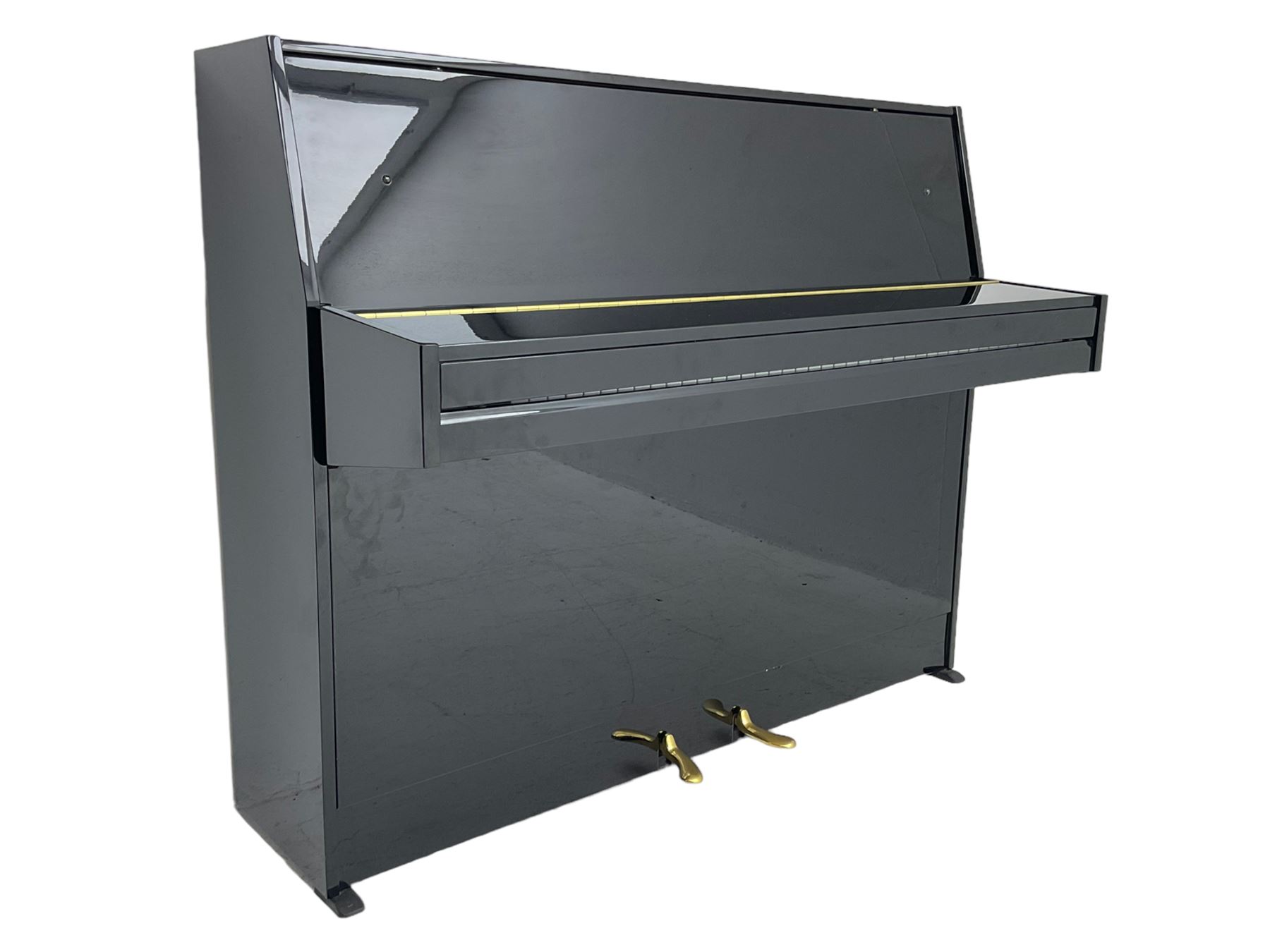 Steinmayer - contemporary upright piano in a black lacquered case, iron over strung frame with an underdamper action, internally operated hammer mute, sustain and Una-corda pedals, with a  6 octave 73 key compass, serial number '551051128'. L122cm