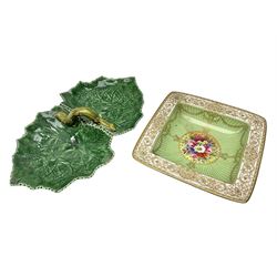 Royal Worcester dish painted by William Hale, of square form painted with floral bouquet to centre with green and gilt surround, together with a Bodalo Pinheiro leaf design serving dish