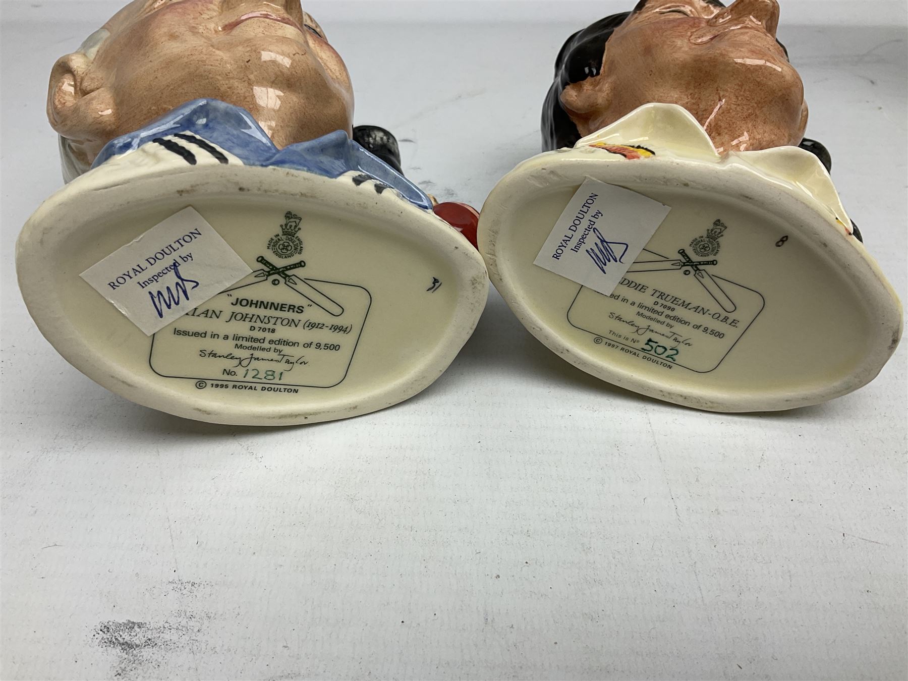 Royal Doulton limited edition figure of Geoffrey Boycott O.B.E, HN3890, no 253/8114, together with four Royal Doulton limited edition character jugs of cricket interest, comprising The Hampshire Cricketer D 6739, no 3903/5000, Freddie Trueman O.B.E, D 7090, no 502/9500, Brian Johnners Johnston, D 7018, no 1281/9500 and Len Hutton D 6945 no 263/9500, four with certificates, one with box