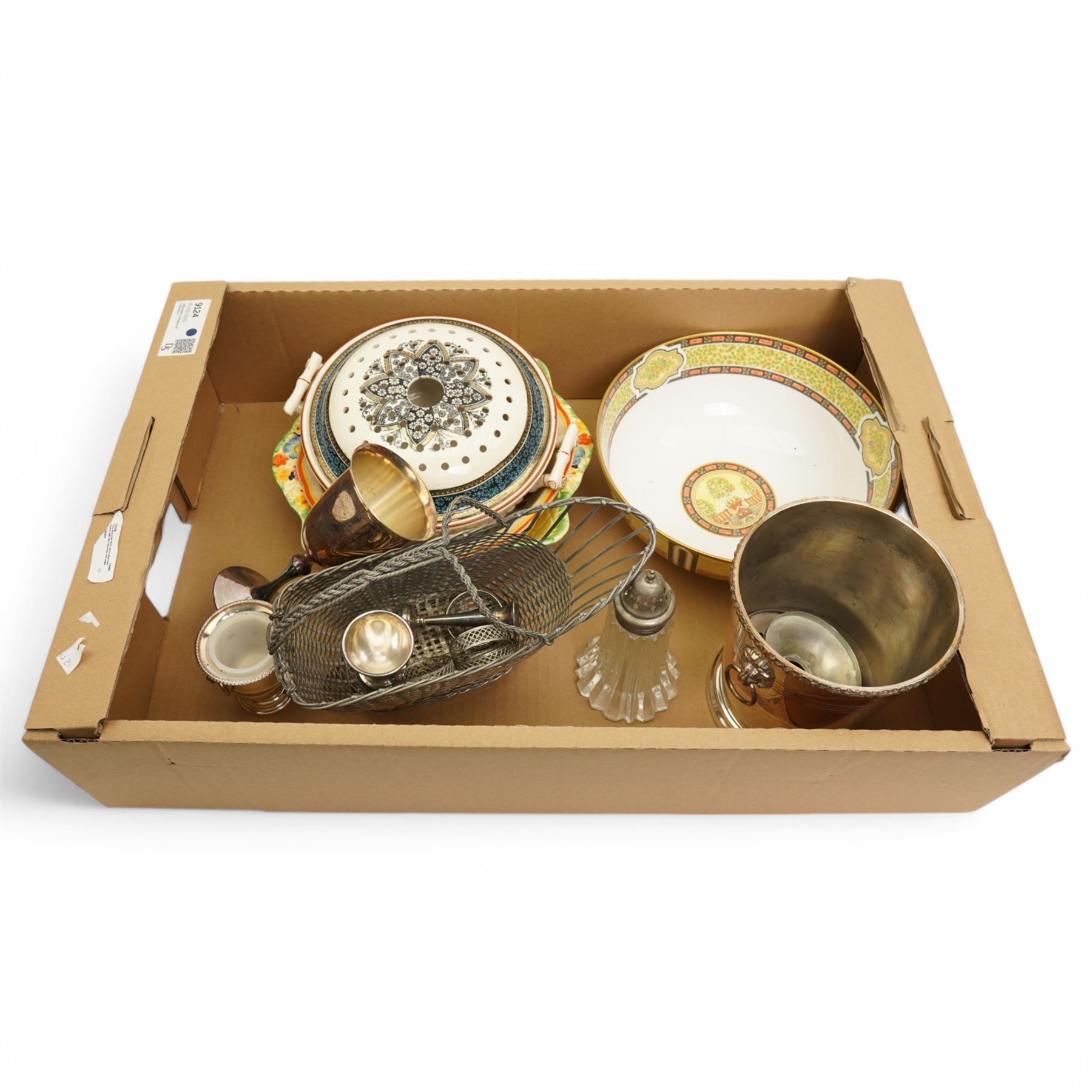 Royal Worcester Versailles pattern bowl, Copeland bowl, Crown Devon dish, silver plate etc, in one box