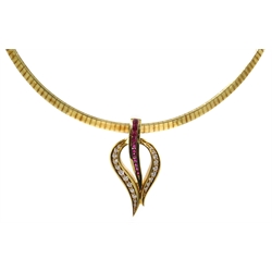  18ct gold pendant set with graduating diamonds and rubies, on gold collarette stamped 14k  