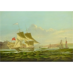  English School (19th Century): Sailing Brig returning to Whitby Harbour, oil on canvas unsigned 39cm x 54cm  