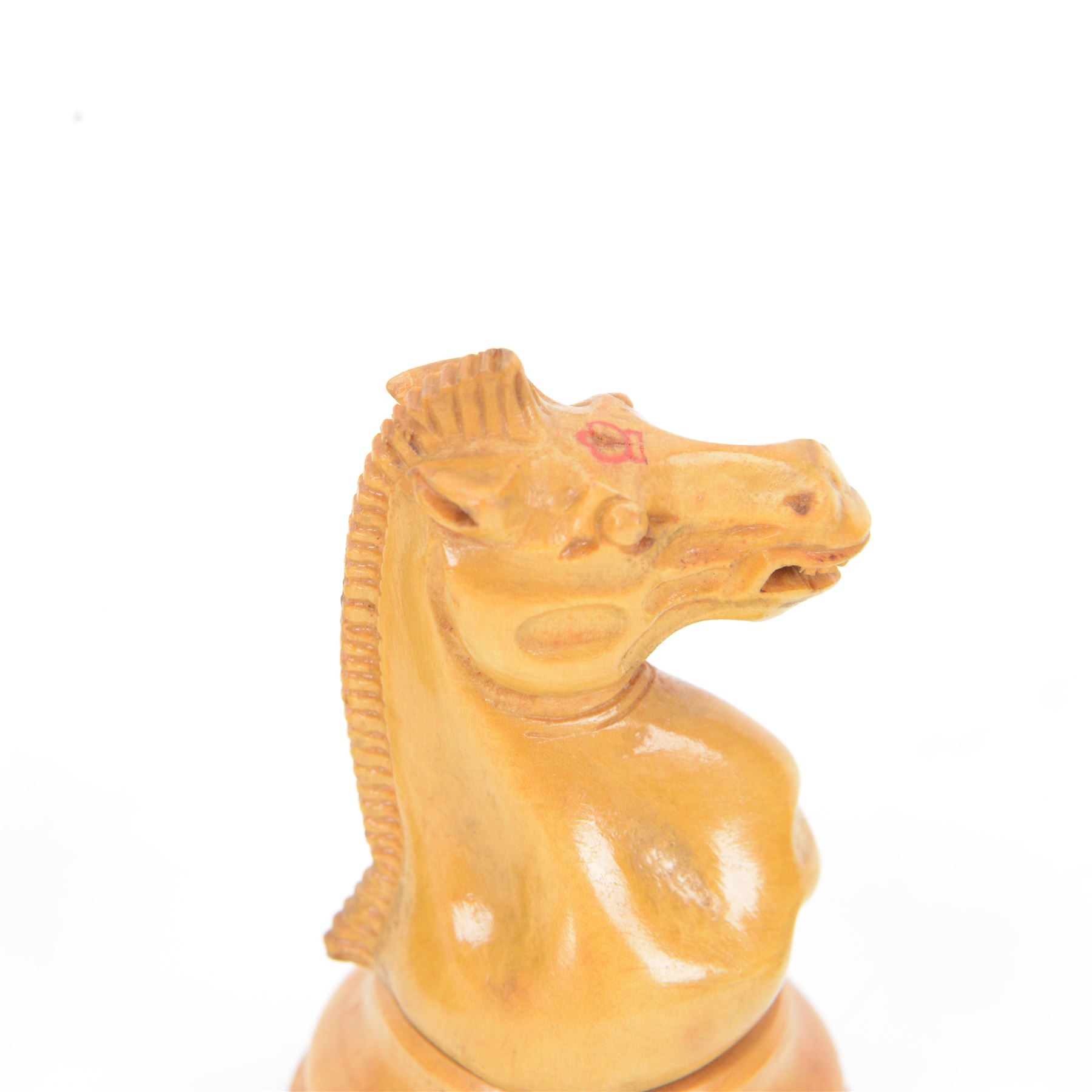 Jaques 'The Staunton Chess-Men' boxwood and ebony chess set, in original brass mounted mahogany box with paper label to interior, only the boxwood king stamped Jaques London, some pieces marked with red crown, boxwood king H11cm