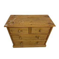 Solid pine chest, fitted with two short and two long drawers with moulded reeded facias, on plinth base