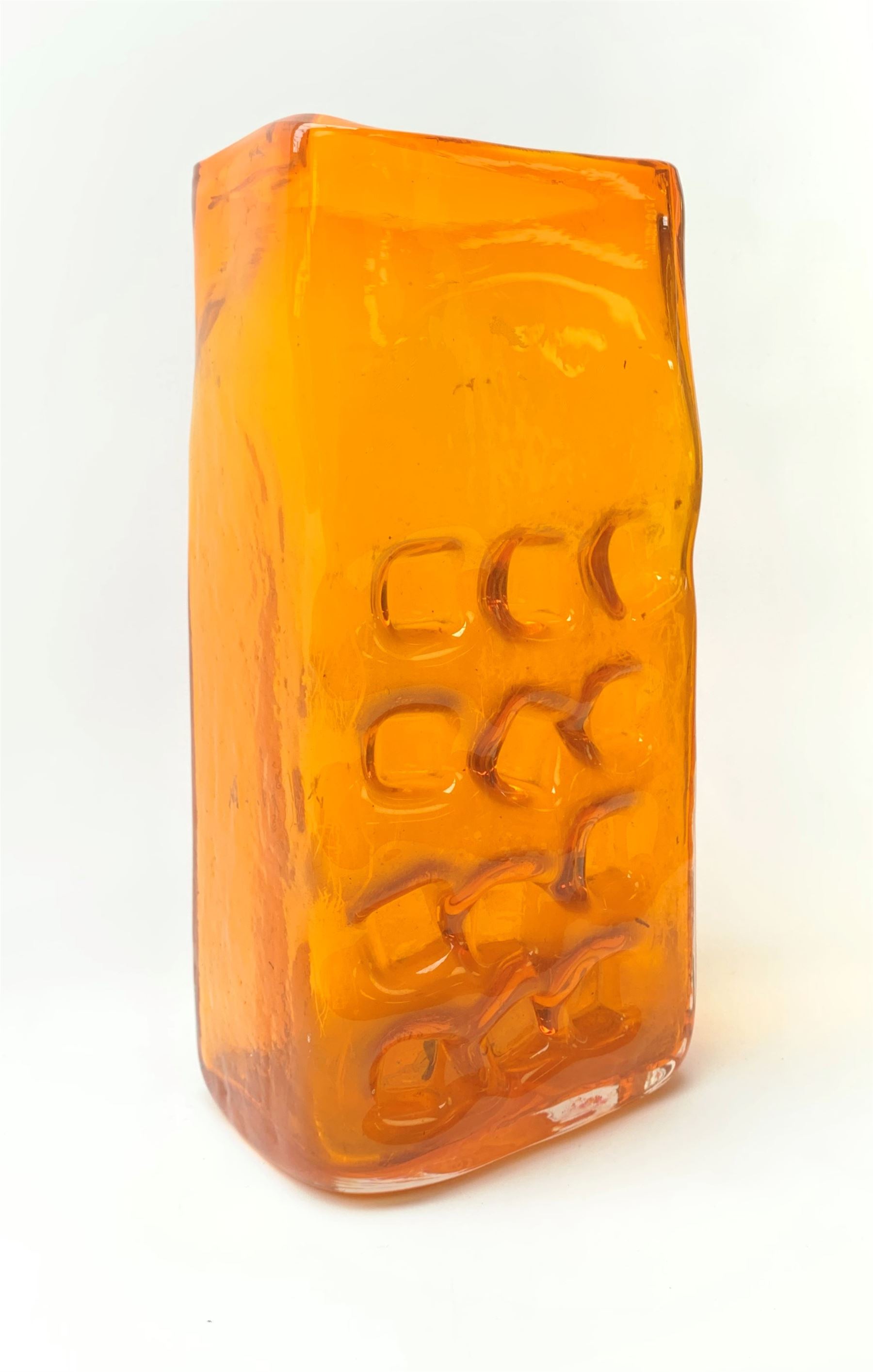A large Whitefriars tangerine glass Nuts and Bolts vase, with textured finish twelve non-uniform squares to one side, H27cm 