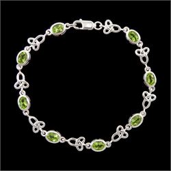 Silver peridot and Celtic design link bracelet, stamped 925