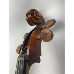 Two student half-size cellos - Boosey & Hawkes Artia with 65cm one-piece back and spruce top; bears maker's label; L104cm overall; and Romanian with 65.5cm two-piece maple back and ribs and spruce top; bears label; L108.5cm overall; each in soft carrying case with two bows (2)