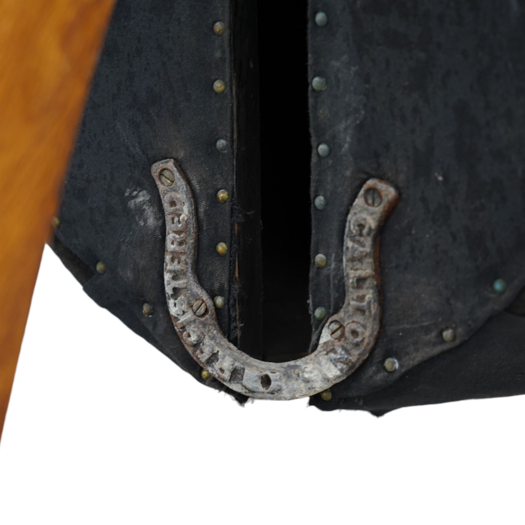 Carlton's - early 20th century weight bearing saddle stand, the top part allowing for the movement of the saddle, on curved oak trestle, marked Carlton's Registered