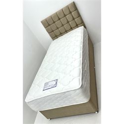 Single 3’ divan bed, deep buttoned upholstered headboard, two storage drawers with mattress