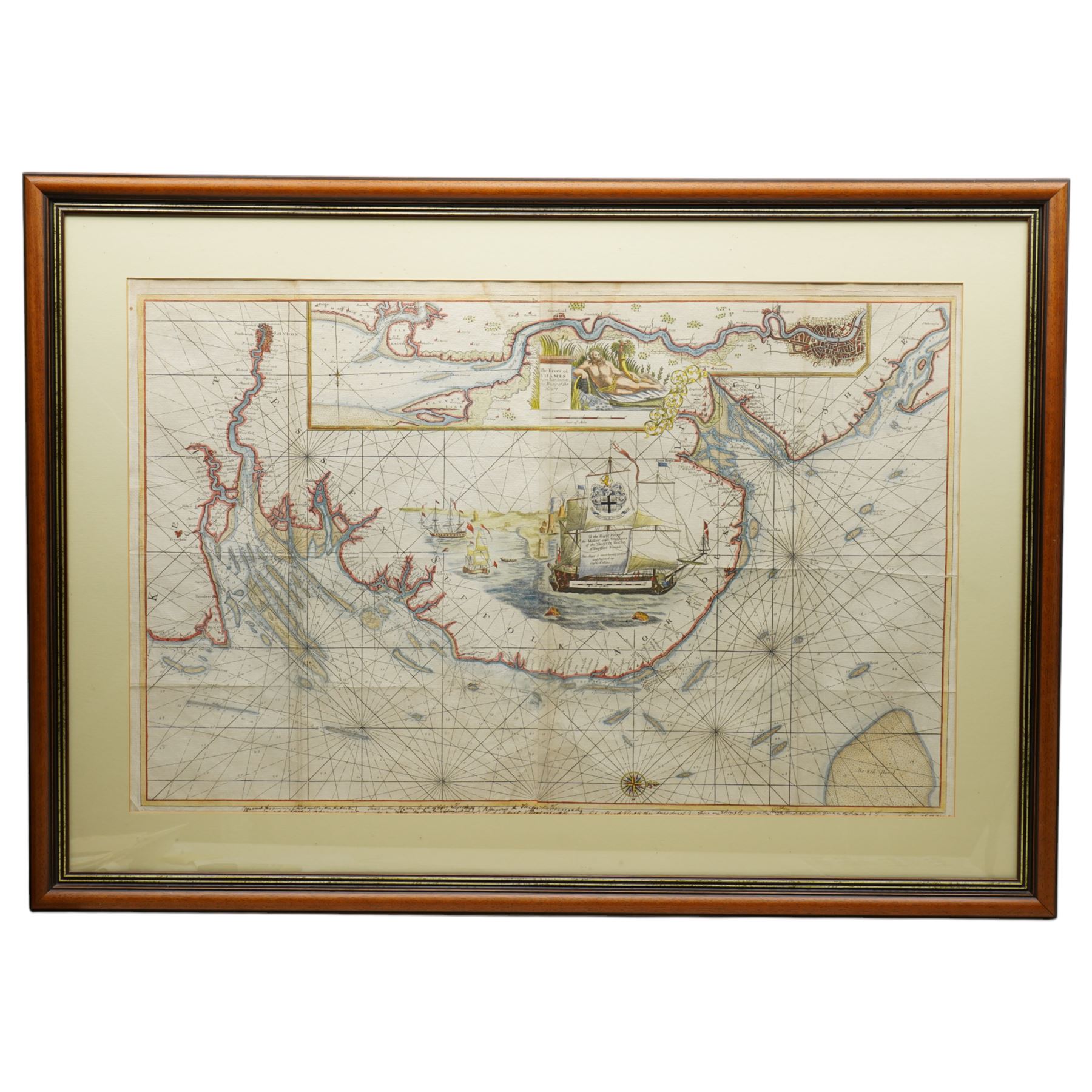 Captain Greenville (Greenvile) Collins (British 1643-1694): 'The River of Thames from London to the Buoy of the Nore', 17th century engraved map or sea chart with hand-colouring pub. c.1693, 59cm x 93cm