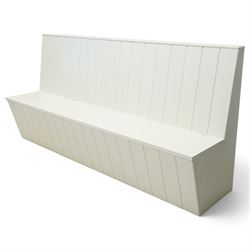 White painted kitchen bench, hinged seat enclosing storage compartments, with loose squab cushion 