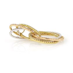 18ct tri-coloured gold diamond circular pendant, white, yellow and rose gold links each set with round brilliant cut diamonds, hallmarked