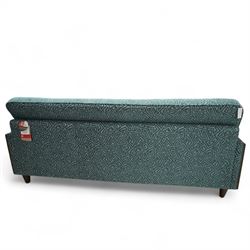 G-Plan Vintage - Contemporary unused Agatha 3 seater sofa, upholstered in G insignia fabric cushion seat and back cushion, rectangular side frame and matching fabric footstool, and additional unused seat cushion