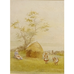  'Evening' - Girls by a Hayrick, watercolour signed by Edward C Booth (British 1821-post1893), titled and dated 1894, 34cm x 26cm  