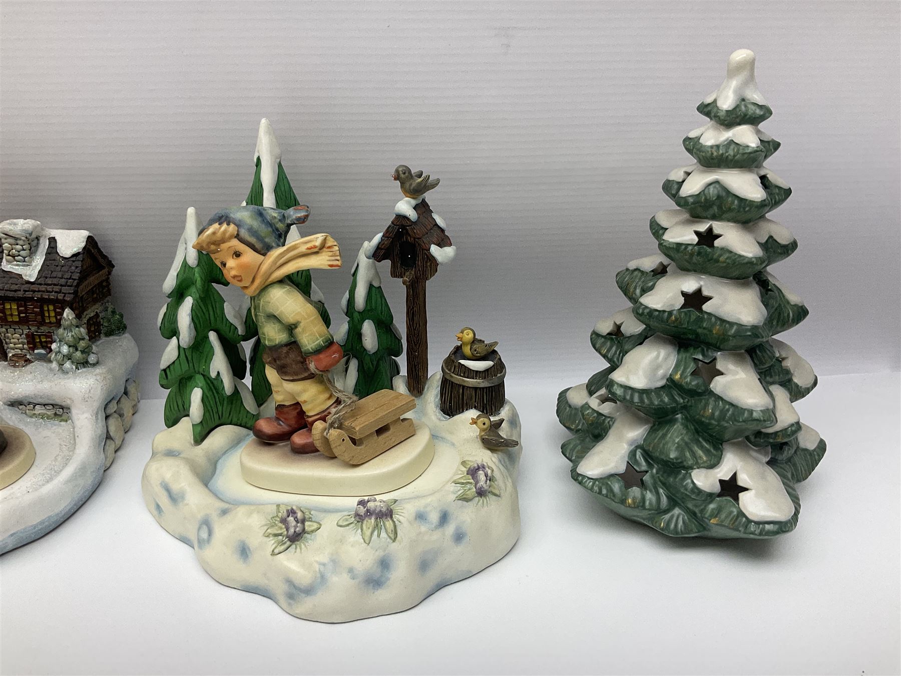 Large collection of Christmas themed Hummel figures and Hummel scapes by Goebel, to include Winter Friend, Making New Friends, Tree Trimming Time, Winter Adventure etc