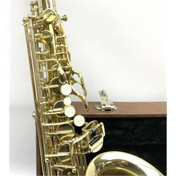 Trevor J. James & Co. 'The Horn' brass alto saxophone, serial no.T04498, H68cm in fitted carrying case