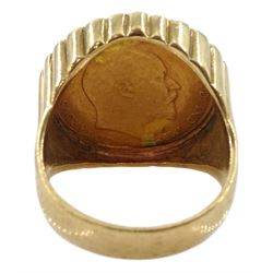 King Edward VII 1910 gold half sovereign, loose mounted in 9ct gold ring, hallmarked