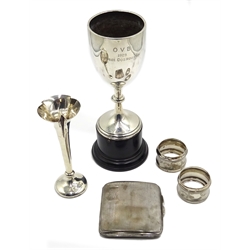  Silver trophy cup '1st Prize Dog Hounds 1929', cigarette case 1931, pair napkin rings stamped 800 6.9oz and a weighted posy vase  