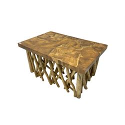 Rustic hardwood coffee table, rectangular top formed of cross sections, raised on driftwood finish multi-branch base 