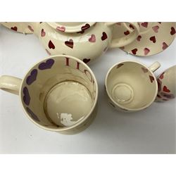 Collection of Emma Bridgewater spongeware ceramics, to include Pink Hearts pattern teapot, milk bottle vase, teacup and saucers, Love & Kisses sugar shaker and large 'I love you more than Marlon Brando' mug, British Birds and Black and White pattern mugs, etc, all with printed marks beneath, tallest H21.5cm