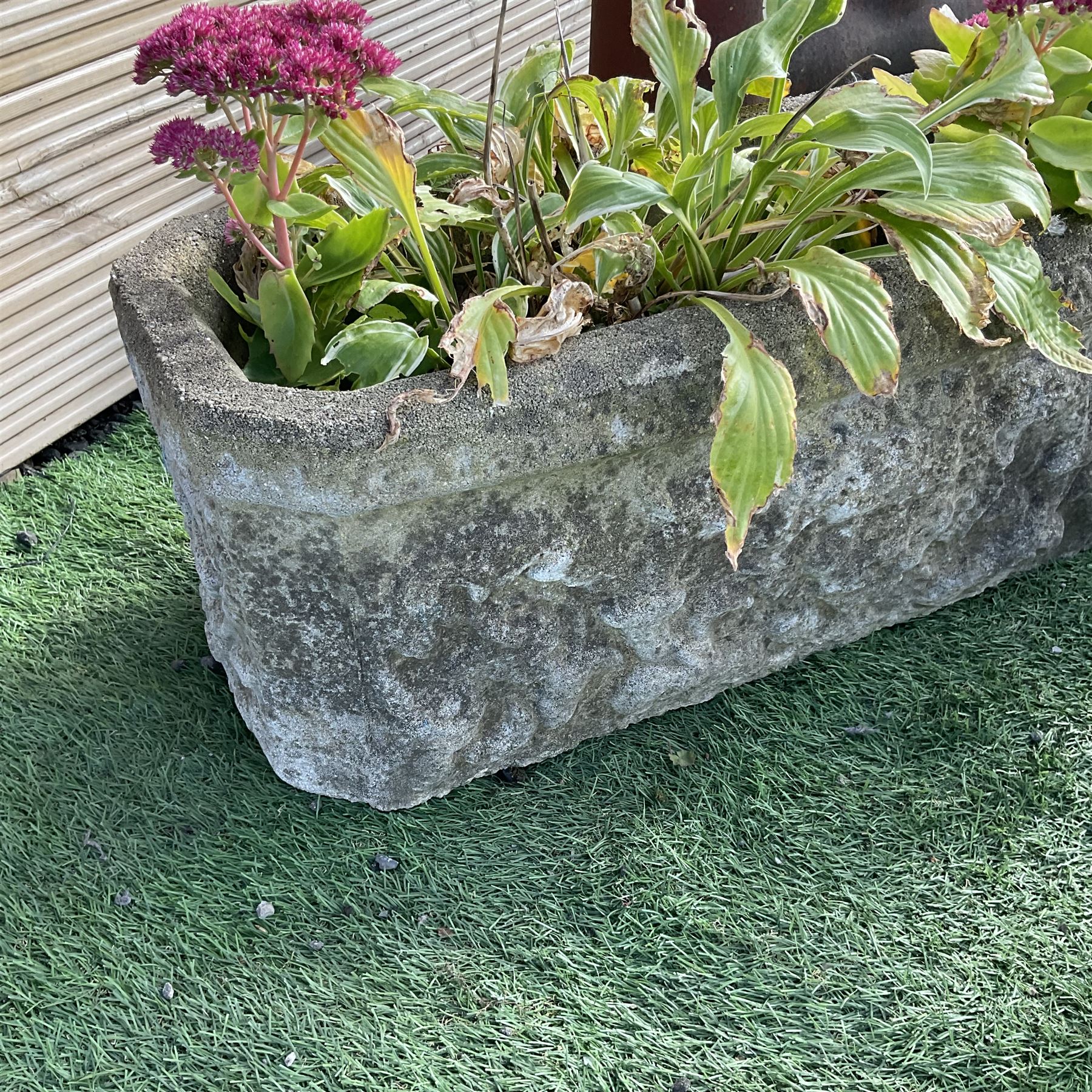 Pair of cast stone rectangular garden ornate planters and chimney pot - THIS LOT IS TO BE COLLECTED BY APPOINTMENT FROM DUGGLEBY STORAGE, GREAT HILL, EASTFIELD, SCARBOROUGH, YO11 3TX