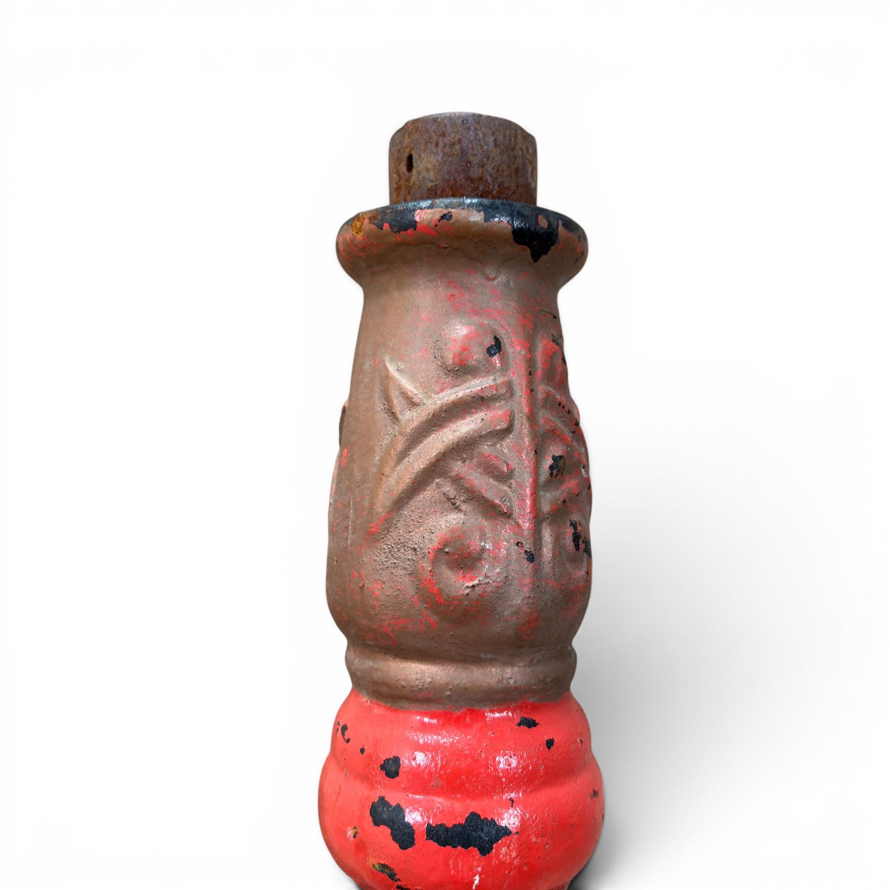 Pair of Victorian revival cast iron driveway lamp columns, painted in red, green and black