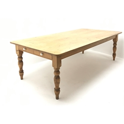  Large pine rectangular farmhouse dining table, two drawers to one end, turned supports, W244cm, H76cm, D123cm  